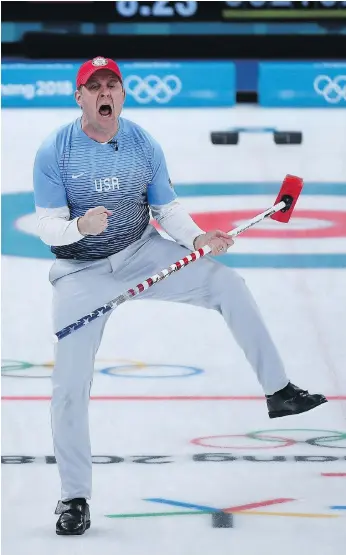  ?? WANG ZHAO/AFP/GETTY IMAGES. ?? John Shuster, shown en route to winning a gold medal at the recent Winter Olympics, will not be competing at the upcoming world men’s curling championsh­ip in Las Vegas. Seattle’s Greg Persinger rink will have that honour. The Brad Gushue rink will...