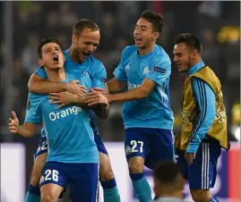  ?? (Photo AFP) ?? Thauvin, Germain et Lopez exultent. Marseille va jouer une cinquième finale de Coupe d’Europe, le  mai prochain, à Lyon, contre l’Atlético Madrid.