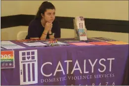  ?? MATHEW MIRANDA — ENTERPRISE-RECORD ?? Fiona Farrel tabled for Catalyst Domestic Violence Services on Oct. 20, 2019 at the Chico Women’s Club. The non-profit is seeing increases in domestic violence during the coronaviru­s pandemic and shutdown orders.