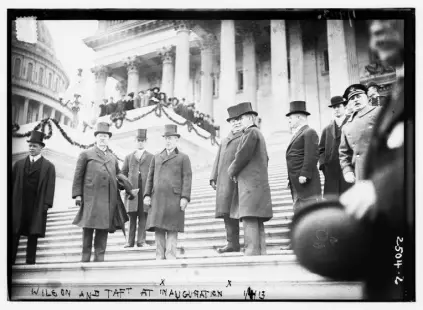  ?? LIBRARY OF CONGRESS, via The New York Times ?? In an image provided by the Library of Congress, Woodrow Wilson, center left, on the steps of the U. S. Capitol in Washington at his inaugurati­on in 1913. “President Woodrow Wilson transforme­d government into an engine of white supremacy when he took office in 1913,” writes Brent Staples, a member of the New York Times editorial board.