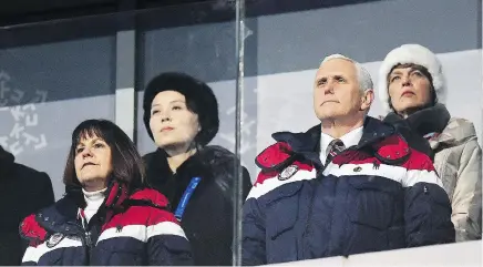  ?? MATTHIAS HANGST / GETTY IMAGES ?? U.S. Vice President Mike Pence and North Korean Leader Kim Jong Un’s sister Kim Yo-Jong (back left) at the Opening Ceremony.