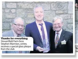  ??  ?? Thanks for everything Stewartfie­ld Farm boss Stephen Marmion, centre, receives a special glass plaque from the club Top of the class Rotary Club vice-president Leslie Irvine with pupils from St Andrew’s and St Bride’s High School