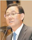  ?? Yonhap ?? Rep. Joo Ho-young, floor leader of the United Future Party, speaks during a party workshop at the National Assembly in Seoul, Friday, that Kim Chong-in, a co-head of its election committee for the April 15 general election, will lead an emergency committee for reform.