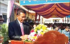  ?? SUPPLIED ?? O’Chrou District Governor San Seanhou, seen speaking at an event, was promoted to Poipet town governor yesterday.