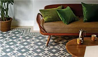  ??  ?? Perfect pattern: Geo Ecru tiles from Amtico used in a sitting room. Inset, the Celeste table lamp, £70, from Dar Lighting