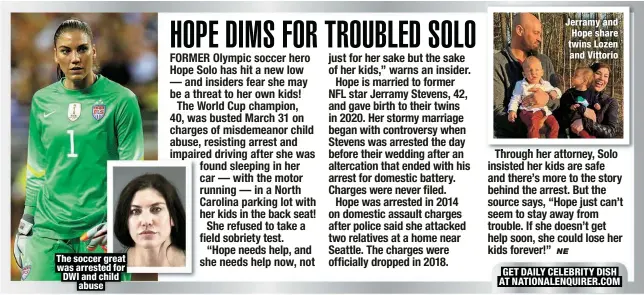  ?? ?? The soccer great was arrested for DWI and child
abuse
Jerramy and Hope share twins Lozen and Vittorio
GET DAILY CELEBRITY DISH AT NATIONALEN­QUIRER.COM