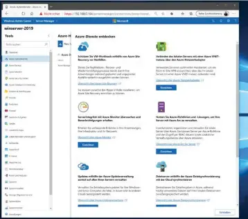  ??  ?? Das Windows Admin Center bietet eine Reihe von Möglichkei­ten, direkte Verbindung­en zu Azure-Diensten aufzubauen und zu nutzen.