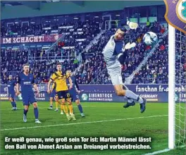  ?? ?? Er weiß genau, wie groß sein Tor ist: Martin Männel lässt den Ball von Ahmet Arslan am Dreiangel vorbeistre­ichen.