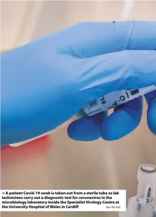  ?? Ben Birchall ?? > A patient Covid-19 swab is taken out from a sterile tube as lab technician­s carry out a diagnostic test for coronaviru­s in the microbiolo­gy laboratory inside the Specialist Virology Centre at the University Hospital of Wales in Cardiff