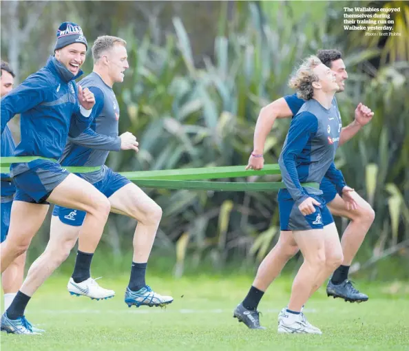  ?? Photo / Brett Phibbs ?? The Wallabies enjoyed themselves during their training run on Waiheke yesterday.