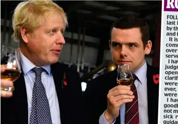  ??  ?? Rising star: Douglas Ross with Mr Johnson at a Moray distillery in November