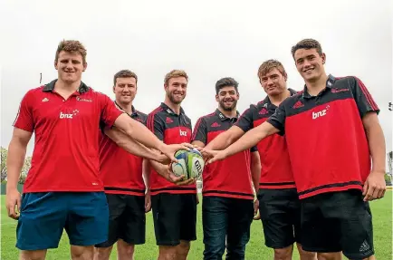  ?? JOHN DAVIDSON/PHOTOSPORT ?? New Crusaders, (L-R) Tom Sanders Jack Stratton, Braydon Ennor, Billy Harmon, Ethan Blackadder and Will Jordan at Rugby Park in Christchur­ch on Wednesday morning.