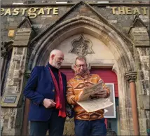  ?? ?? MILESTONE: Richard Nisbit (right) whose mum had the first idea to create a theatre and Steven Russell who played Prospero in a 1998 production of the Tempest for Shakespear­e at Traquair, outside the Eastgate Theatre. Photo: Eastgate Theatre