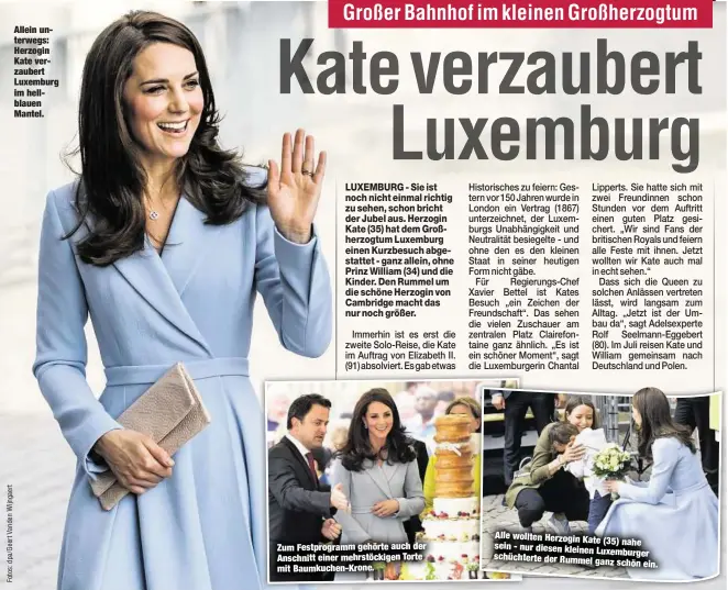  ??  ?? Allein unterwegs: Herzogin Kate verzaubert Luxemburg im hellblauen Mantel.
