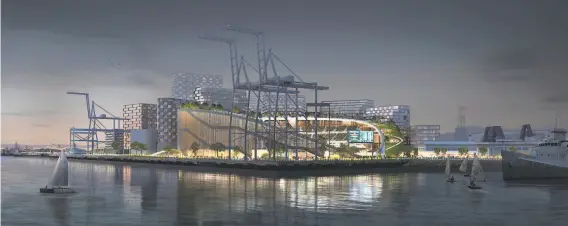  ?? Oakland Athletics ?? The proposed Oakland A’s stadium: a $12 billion concept with a ballpark, 3,000 homes, commercial and retail, a performanc­e center, a hotel, and open space.