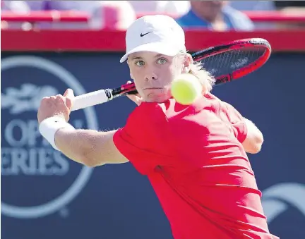  ?? ALLEN MCINNIS ?? Denis Shapovalov knocked off former U.S. Open champ Juan Martin del Potro Wednesday 6-3, 7-6 (4) to advance to the round of 16 in the Rogers Cup men’s singles draw. He became the youngest player to reach the final 16 in a Masters 1000 event since...