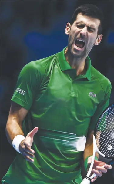  ?? Agencce France-presse ?? Novak Djokovic reacts during his first round-robin match against Stefanos Tsitsipas at the ATP Finals.