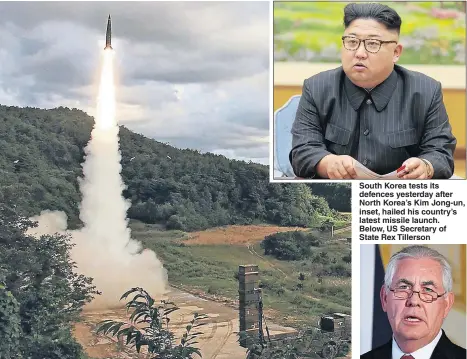  ??  ?? South Korea tests its defences yesterday after North Korea’s Kim Jong-un, inset, hailed his country’s latest missile launch. Below, US Secretary of State Rex Tillerson