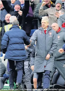  ??  ?? Arsene Wenger and Chris Hughton shake hands after yesterday’s game