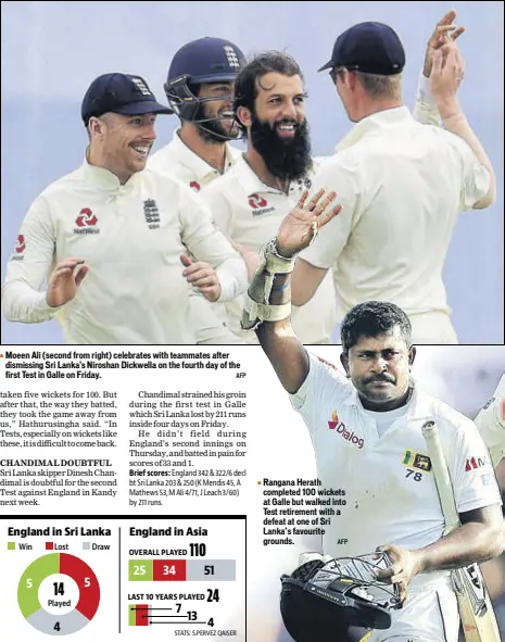  ?? AFP AFP ?? Moeen Ali (second from right) celebrates with teammates after dismissing Sri Lanka's Niroshan Dickwella on the fourth day of the first Test in Galle on Friday. Rangana Herath completed 100 wickets at Galle but walked into Test retirement with a defeat at one of Sri Lanka’s favourite grounds.