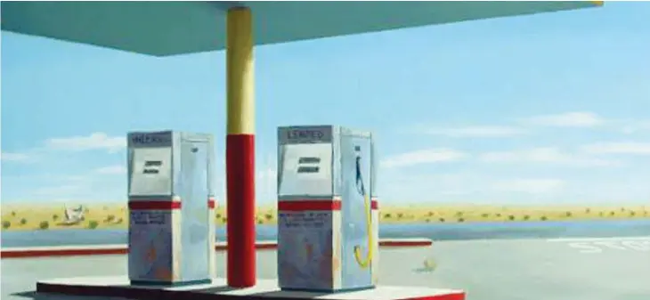  ??  ?? L’immagine L’opera d’arte nella foto grande è Desert gas station, un dipinto olio su tela del 2013 dell’artista polacco Łukasz Ratajczyk (courtesy Saatchi Art). Le stazioni di benzina hanno rappresent­ato un tema ricorrente nell’arte, sfruttato da...