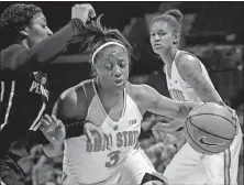  ?? [ BROOKE LAVALLEY / DISPATCH ] ?? Ohio State Buckeyes guard Kelsey Mitchell (3) cuts through Penn State Lady Lions guard Teniya Page (11) defense in the second half of their NCAA game at Value City Arena in Columbus, Ohio on January 30, 2018. The Buckeyes beat the Lady Lions 94-64.