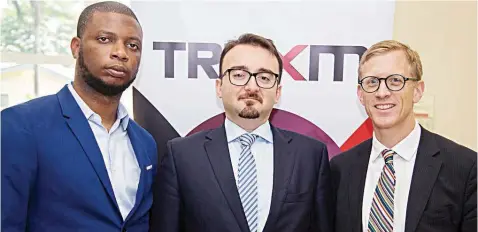  ??  ?? Managing Director, TREXM Oils and Gas Services, Bolu Odusanya (left); Sales Director, Measuremen­t and Control, Sub-saharan Africa, Moukarram Alameddine; and Commercial Counselor for U.S. Mission to Nigeria, Brent Omdahl, at the Baker Hughes (a GE...