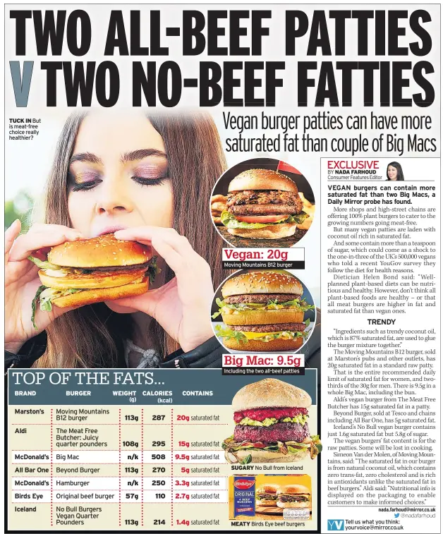 ??  ?? TUCK IN But is meat-free choice really healthier? Vegan: 20g Moving Mountains B12 burger Big Mac: 9.5g Including the two all-beef patties SUGARY MEATY No Bull from Iceland Birds Eye beef burgers