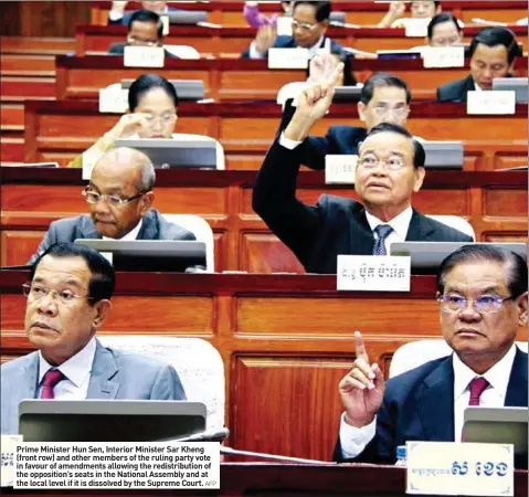  ?? AFP ?? Prime Minister Hun Sen, Interior Minister Sar Kheng (front row) and other members of the ruling party vote in favour of amendments allowing the redistribu­tion of the opposition’s seats in the National Assembly and at the local level if it is dissolved...
