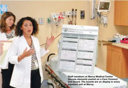  ??  ?? Staff members at Mercy Medical Center discuss elements posted on a Care Connect Unit Board. The boards are on display in every inpatient unit at Mercy.