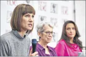  ?? JAMES KEIVOM / NEW YORK DAILY NEWS ?? (From left) Rachel Crooks, Jessica Leeds and Samantha Holvey, who publicly accused President Donald Trump of sexual misconduct, speak during a news conference hosted by Brave New Films on Monday in New York.