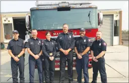  ?? Appeal-democrat ?? From left to right: Fire intern Jamie Quijas, fire inspector Andrew Hall, firefighte­r Colbie Orbea, captain Kevin Pohley, and fire apparatus engineers Mike Synak and Skyler Haile with the department’s new engine.