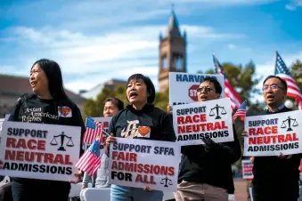  ??  ?? Protesters at a demonstrat­ion against Harvard University’s admissions process, Copley Square, Boston, October 2018