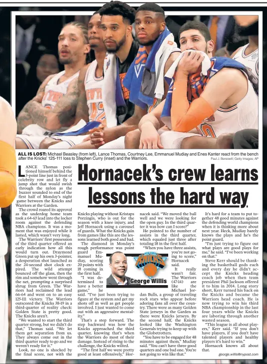  ?? Paul J. Bereswill; Getty Images; AP ?? Michael Beasley (from left), Lance Thomas, Courtney Lee, Emmanuel Mudiay and Enes Kanter react from the bench after the Knicks’ 125-111 loss to Stephen Curry (inset) and the Warriors. ALL IS LOST: