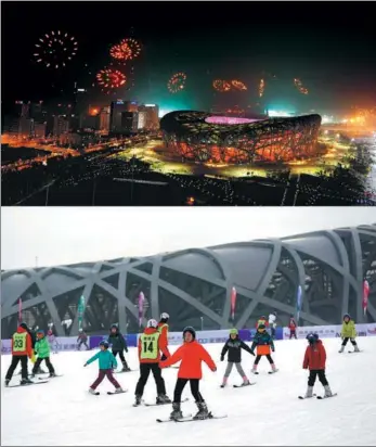  ?? PHOTOS BY YANG LEI, JU HUANZONG, FEI MAOHUA / XINHUA AND YAN HUAIFENG / FOR CHINA DAILY ?? Clockwise from top: The opening ceremony for the Beijing 2008 Olympic Games is held at the Bird’s Nest on Aug 8; a ski resort opens to the public in January outside the Bird’s Nest; Chinese diver Shi Tingmao trains at the Water Cube before taking part in the 2018 FINA diving competitio­n in June; children play soccer at a stadium in Xuyi county, Jiangsu province; a man and his son try their hand at curling outside the Bird’s Nest.