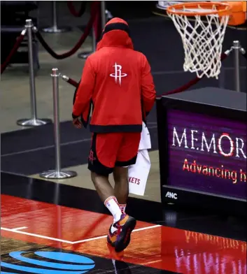  ?? Carmen Mandato/Pool Photo via AP ?? Houston Rockets’ James Harden leaves the court following a loss to the Los Angeles Lakers in an NBA basketball game on Sunday in Houston.