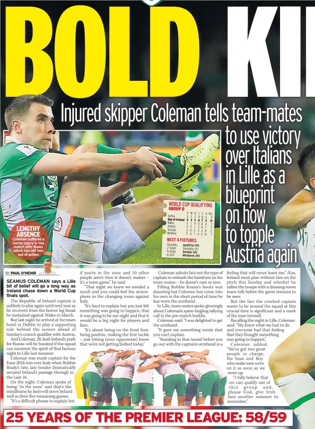  ??  ?? LENGTHY ABSENCE Coleman suffered a horror injury in the match with Wales which has left him out of action