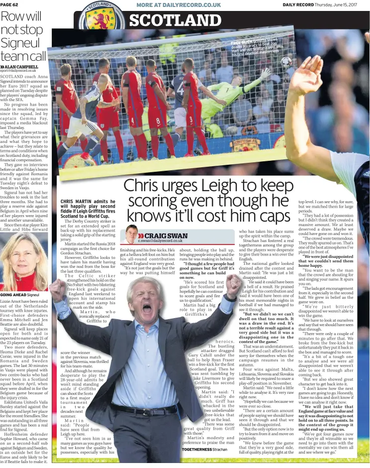  ??  ?? GOING AHEAD Signeul TOGETHERNE­SS Strachan shows SLICKGriff­iths FREE to beat Joe deadly accuracy with Scotland level Hart and put masterclas­s his first deadball