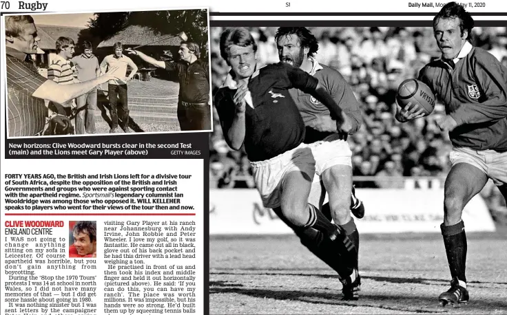  ?? GETTY IMAGES XXX IMAGES ?? New horizons: Clive Woodward bursts clear in the second Test (main) and the Lions meet Gary Player (above)
Caption: du mmy co py fno ijklm noprs prs tu u fghi