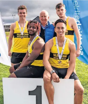  ?? ?? Golden boys John Rodger (centre) alongside Kilbarchan’s 4x400m winners Michael Cairns, Stephen Johnston, Krishawn Aiken and Connor Henderson (All pictures courtesy of Bobby Gavin)