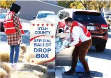  ?? — AFP photo ?? Utah County election workers gather ballots from a drop box in Springvill­e, Utah, one of several states that has recently moved to mail-in ballots for presidenti­al elections.