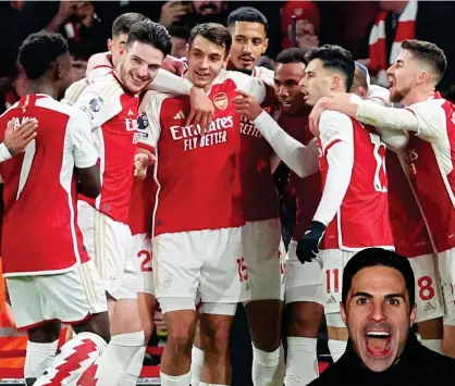  ?? REUTERS/GETTY IMAGES ?? On a roll: Arsenal players celebrate their opening goal and (right) Arteta relishes victory after full time