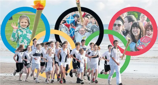  ?? ?? HISTORIC JOURNEY: Madras Primary pupils recreated the iconic scene from Chariots of Fire on the West Sands, St Andrews, as crowds flocked to cheer the Olympic flame as it zig-zagged its way across Tayside and Fife a decade ago.