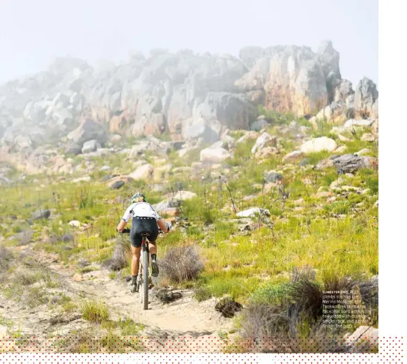  ??  ?? climbs for days: With climbs such as the Merino Monster, the Tankwa Trek is no easy race. But hard work is rewarded with dramatic singletrac­k, and a great finish-line buzz.