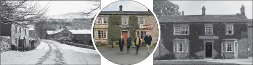  ?? PICTURES: BRUCE ROLLINSON ?? NOW AND THEN: School Street in Kettlewell as it is today and how it looked in the early 20th century; inset, Judith Collinson, Eileen Leahy, Geraldine Norman and Matthew Roberts outside the Falcoln Inn in Arcliffe; an archive image of the pub.