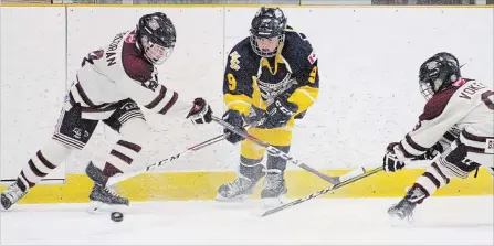 ?? JASON BAIN EXAMINER ?? Peterborou­gh Billy Smith Sells Major Peewee AAA Petes' Sam Corcoran (14) battles for the puck as the team hosted the North Central Predators in the opening game of the 2018 Boston Pizza Icefest AAA Tournament at the Evinrude Centre on Thursday afternoon.
