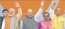  ??  ?? PM Narendra Modi with BJP leaders Amit Shah and Rajnath Singh in Lucknow on Monday. PTI