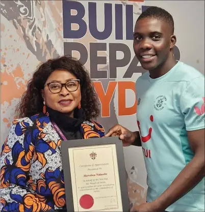  ?? ?? DESERVED RECOGNITIO­N . . . Luton Town Council in England has honoured Zimbabwe internatio­nal footballer Marvelous Nakamba for his selfless service. He received the Mayor’s Unsung Black Hero Award which recognises those of colour who seek to make the lives of others easier, happier and more fulfilled.