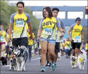  ?? KRIZJOHN ROSALES ?? Dogs and their owners take part in the Doggie Run 2017 at the SM Mall of Asia in Pasay City yesterday. Proceeds of the annual fun run goes to the animal shelter program of the Philippine Animal Welfare Society.