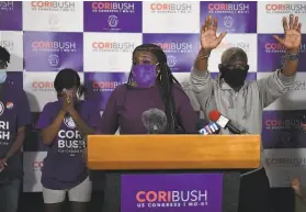  ?? Michael B. Thomas / Getty Images ?? Cori Bush gives a victory speech after her primary win in St. Louis. In November, she could become Missouri’s first black congresswo­man.